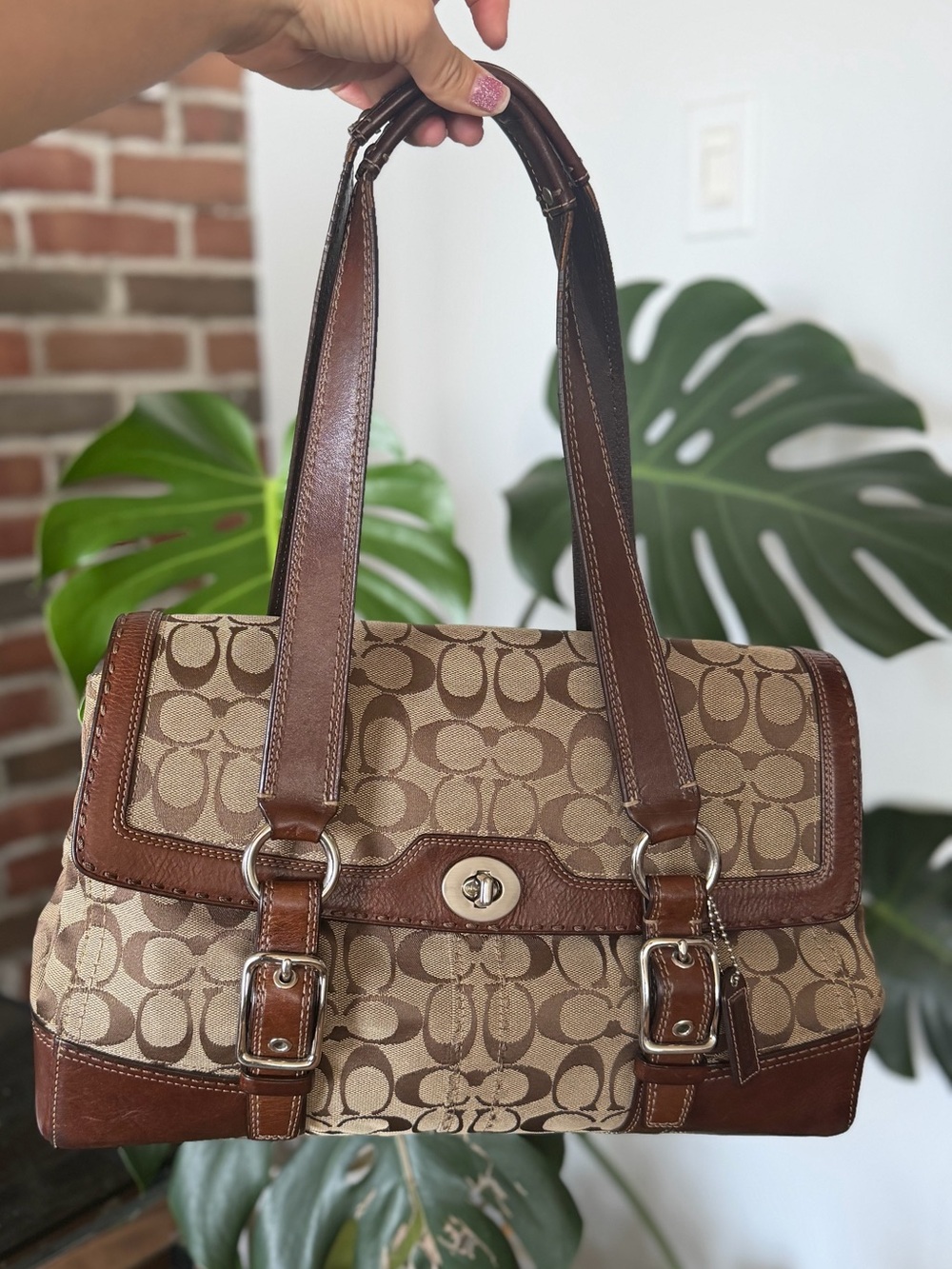Vintage Coach Hamptons Signature Monogram Flap Satchel Bag Y2K Brown
